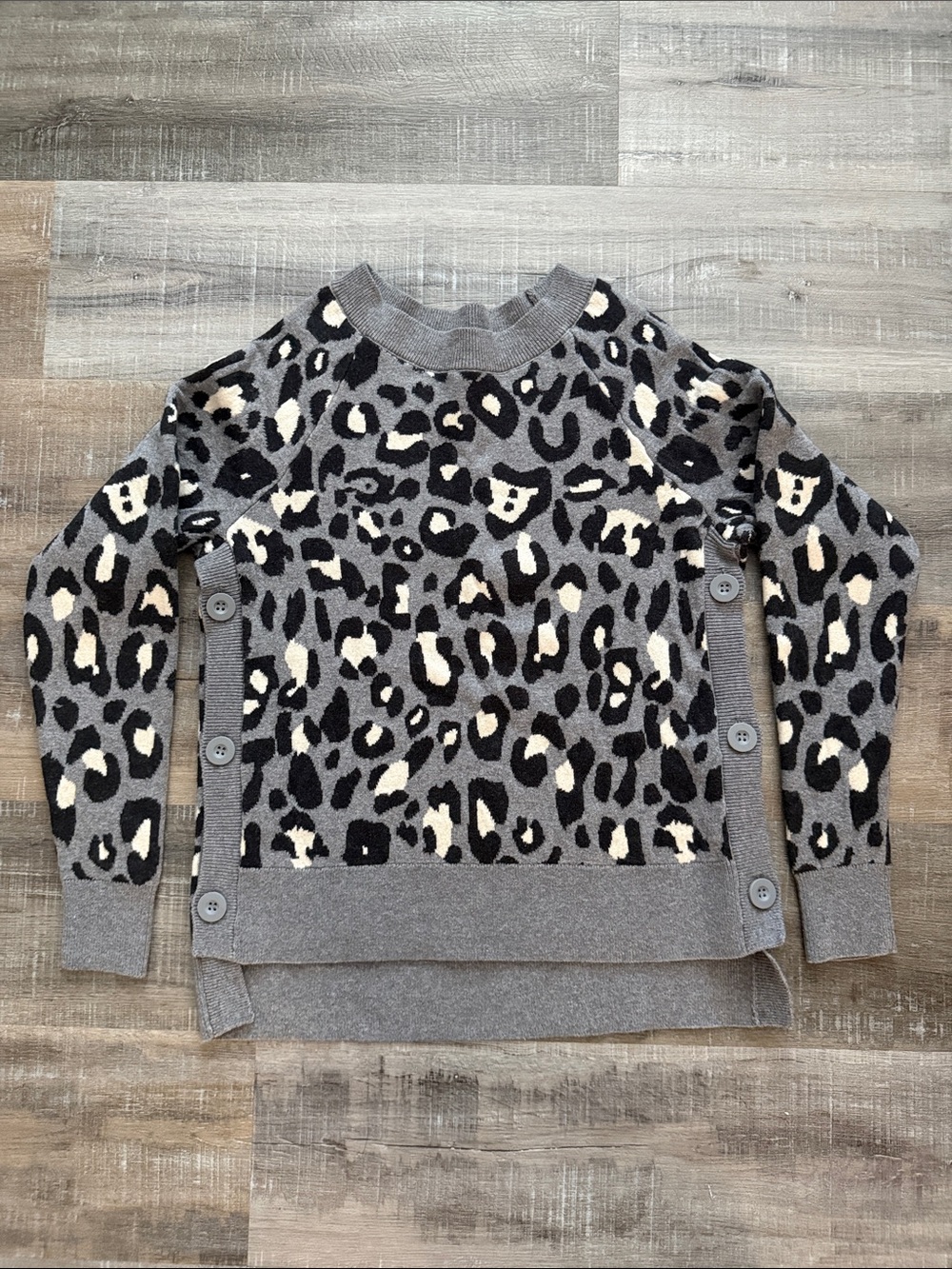 Stella & Dot Gray, Black & Cream Leopard-Print Button-Side Sweater